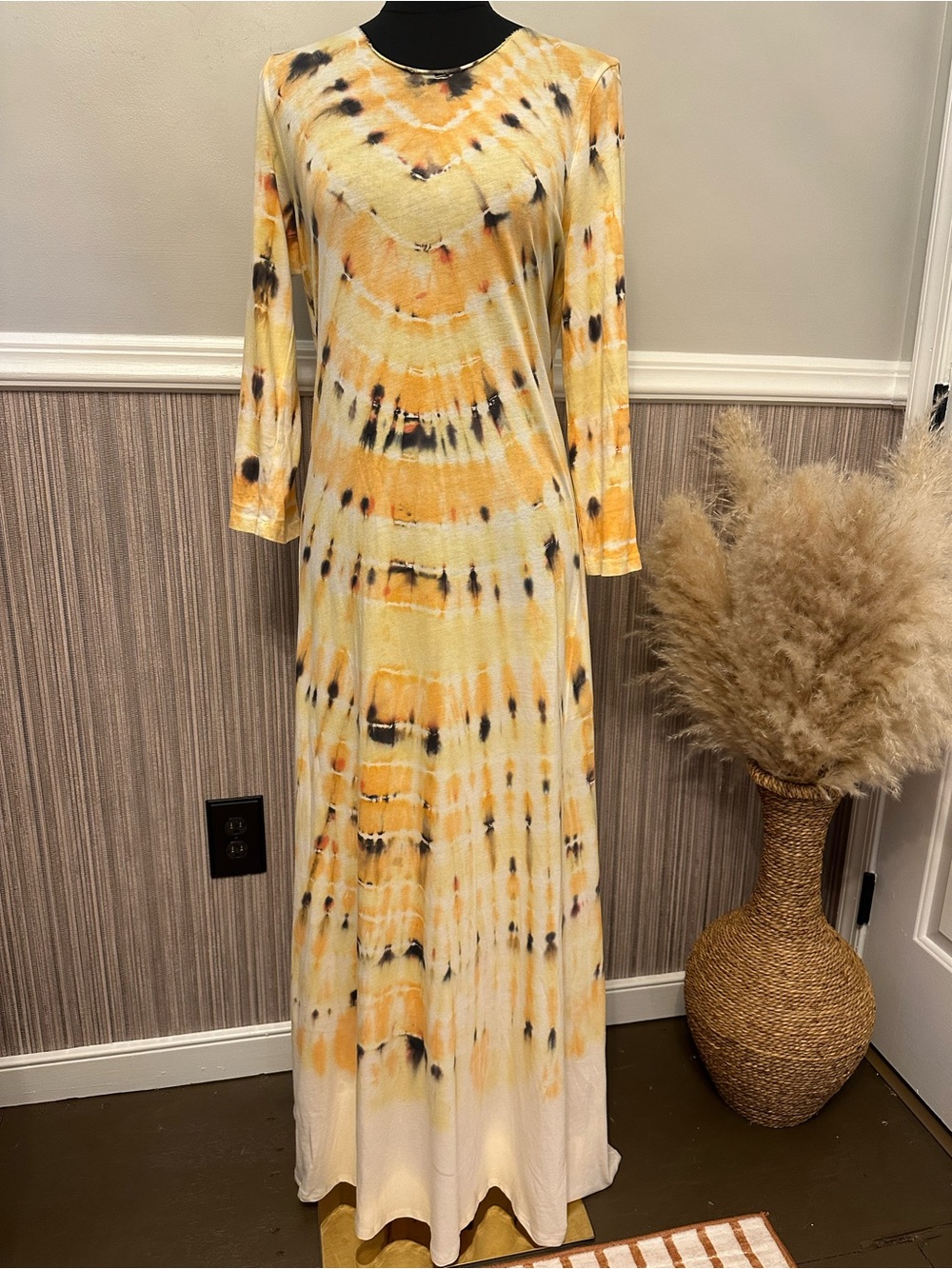 Raquel Allegra Size 2 Tie Dye Maxi Dress Yellow Black Long Sleeve Cotton